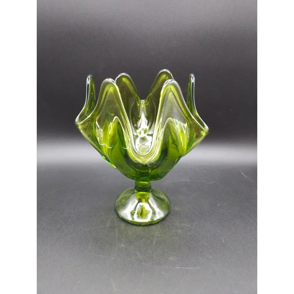 Vintage Green Viking Epic Six Petal Handkerchief Footed Compote Dish Vase 7